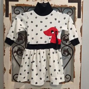 Vintage Fayette Girls Dalmatian Polka Dot Dress Red Dog Applique 4T White Black